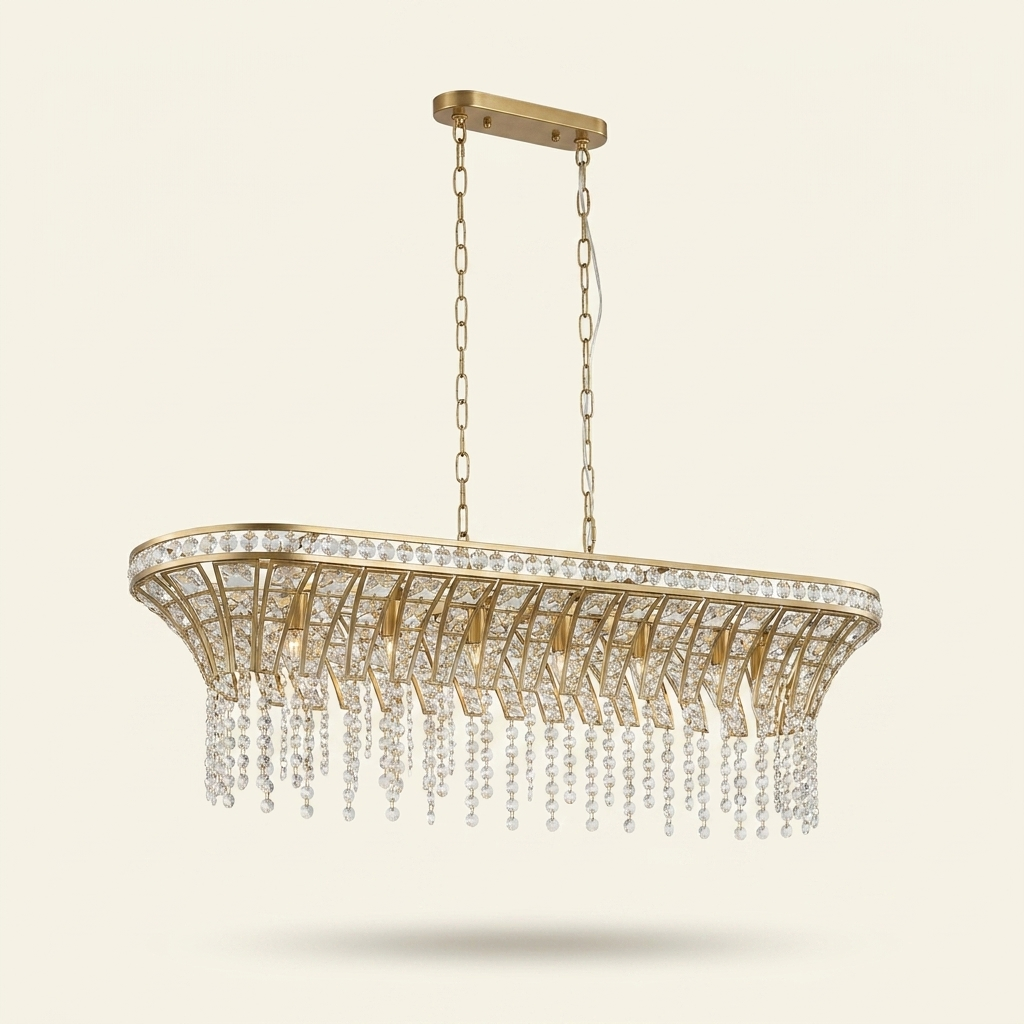 Oval Crystal Chandelier with Integrated LED, Champagne Gold Finish, 24 in. for Kitchen Island on a warm cream background