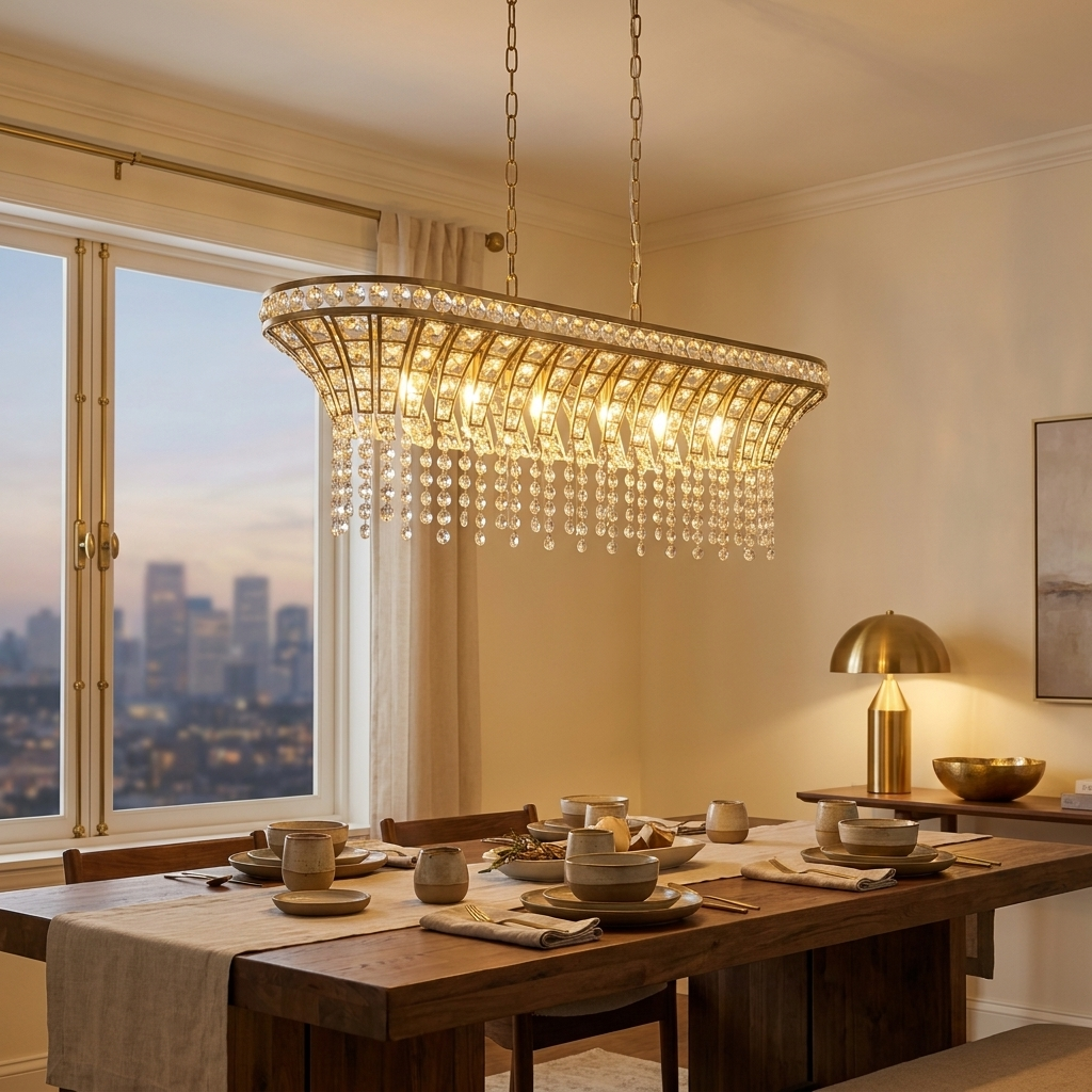Oval Crystal Chandelier with Integrated LED, Champagne Gold Finish, 24 in. for Kitchen Island styled in a warm modern interior