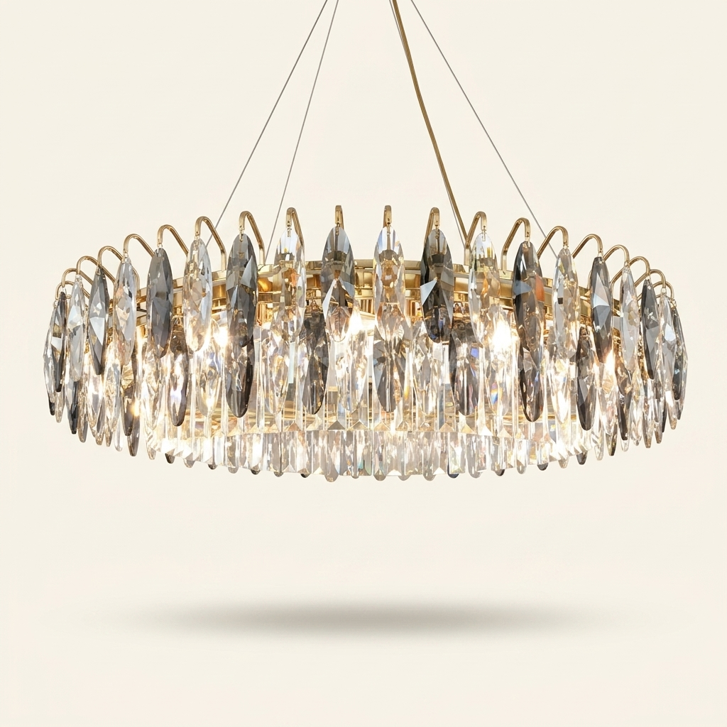Crystal LED Pendant Chandelier, Warm White 3000K, for Living Room on a warm cream background