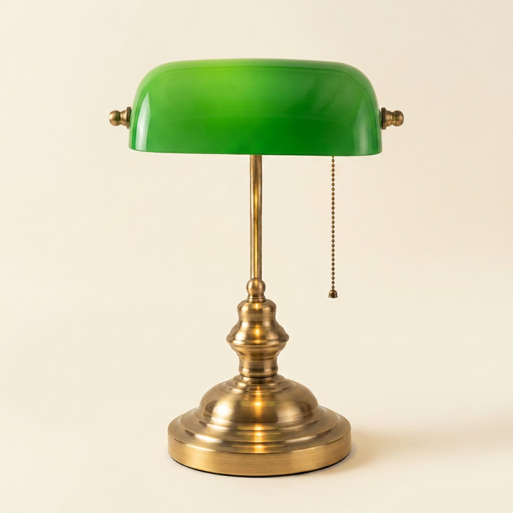 Vintage Banker's Table Lamp with Green Glass Shade, Antique Brass, for Home Office Desk
