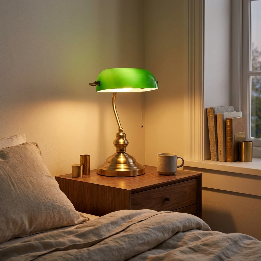 Vintage Banker's Table Lamp with Green Glass Shade, Antique Brass, for Home Office Desk styled in a room