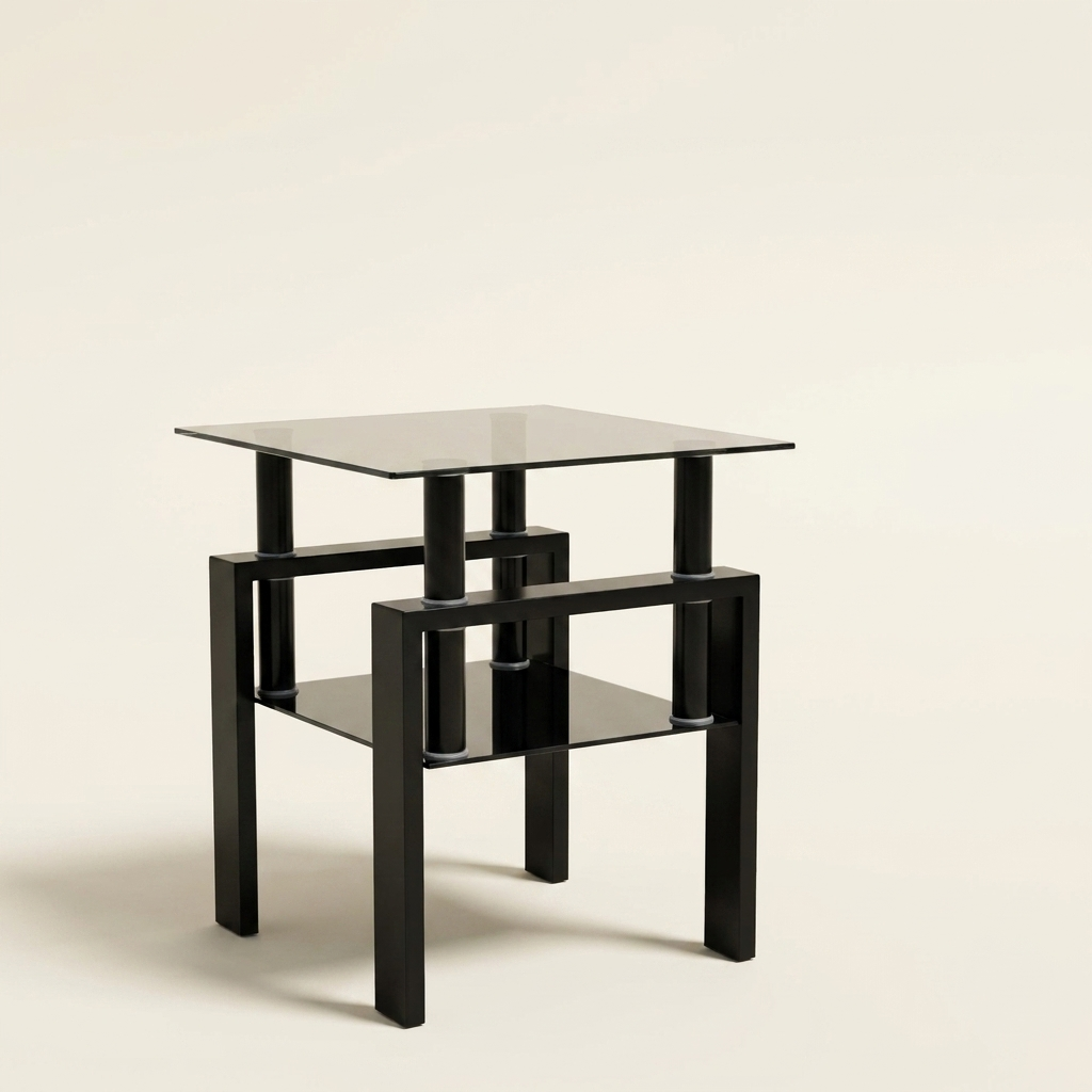 Two-Tier Square Glass End Table, Black Metal Frame, for Living Room