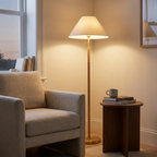 Brass 2-Light Floor Lamp, Natural Rattan Details, Double Pull Chain, Gold Finish styled in a room