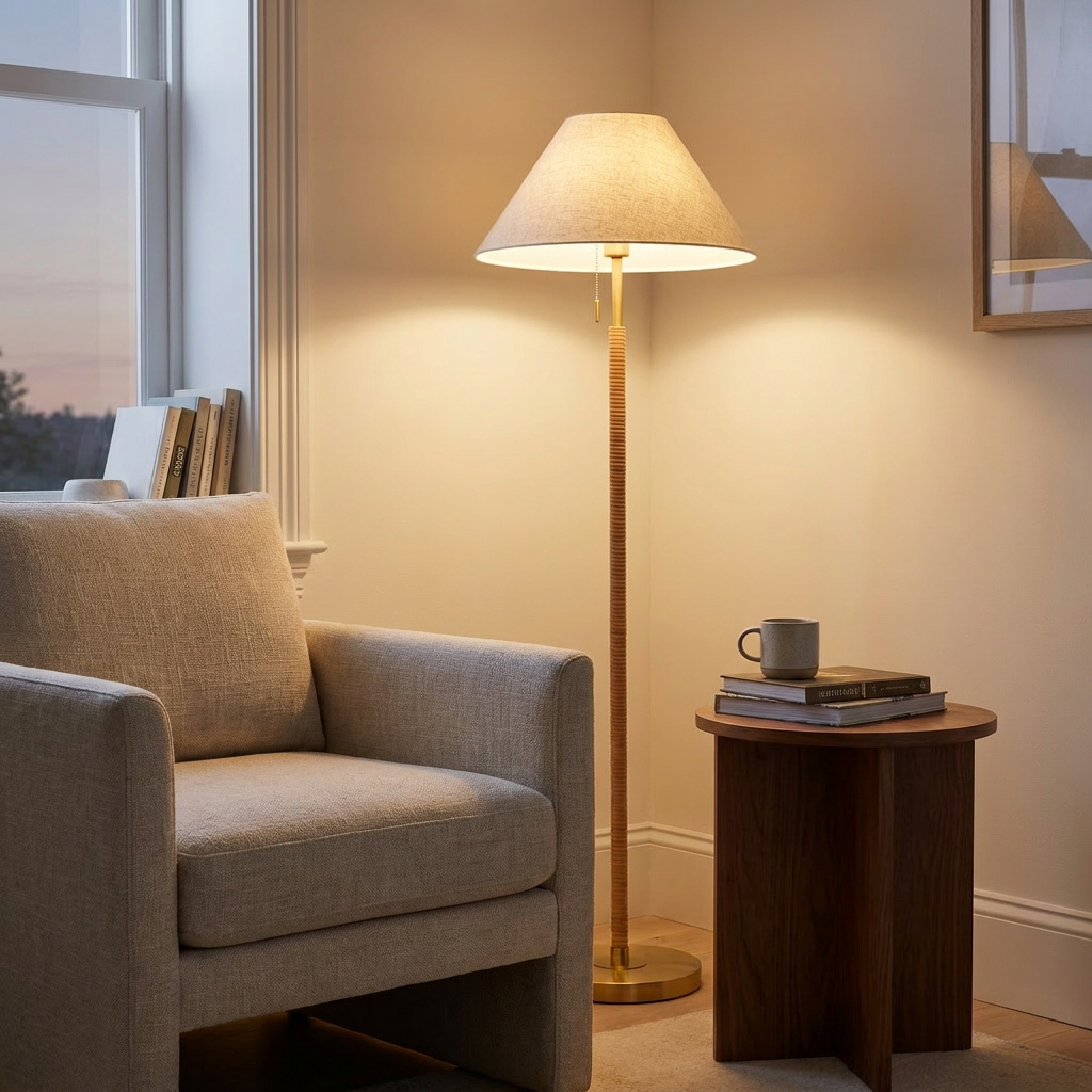 Brass 2-Light Floor Lamp, Natural Rattan Details, Double Pull Chain, Gold Finish styled in a room
