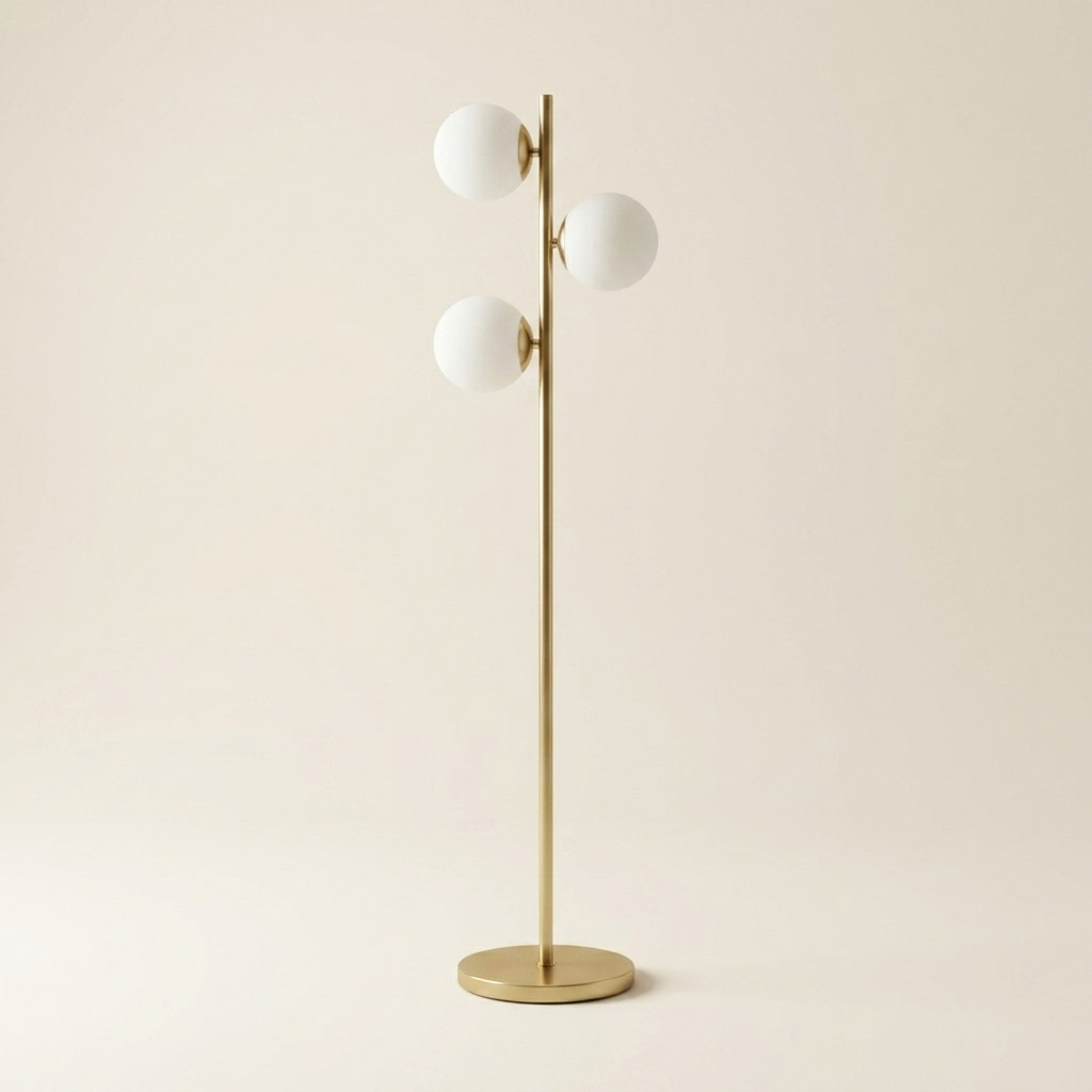 Modern Brushed Gold Floor Lamp, Opal Glass Shade, Round Metal Base