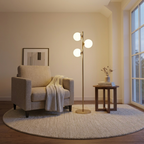 Modern Brushed Gold Floor Lamp, Opal Glass Shade, Round Metal Base styled in a room