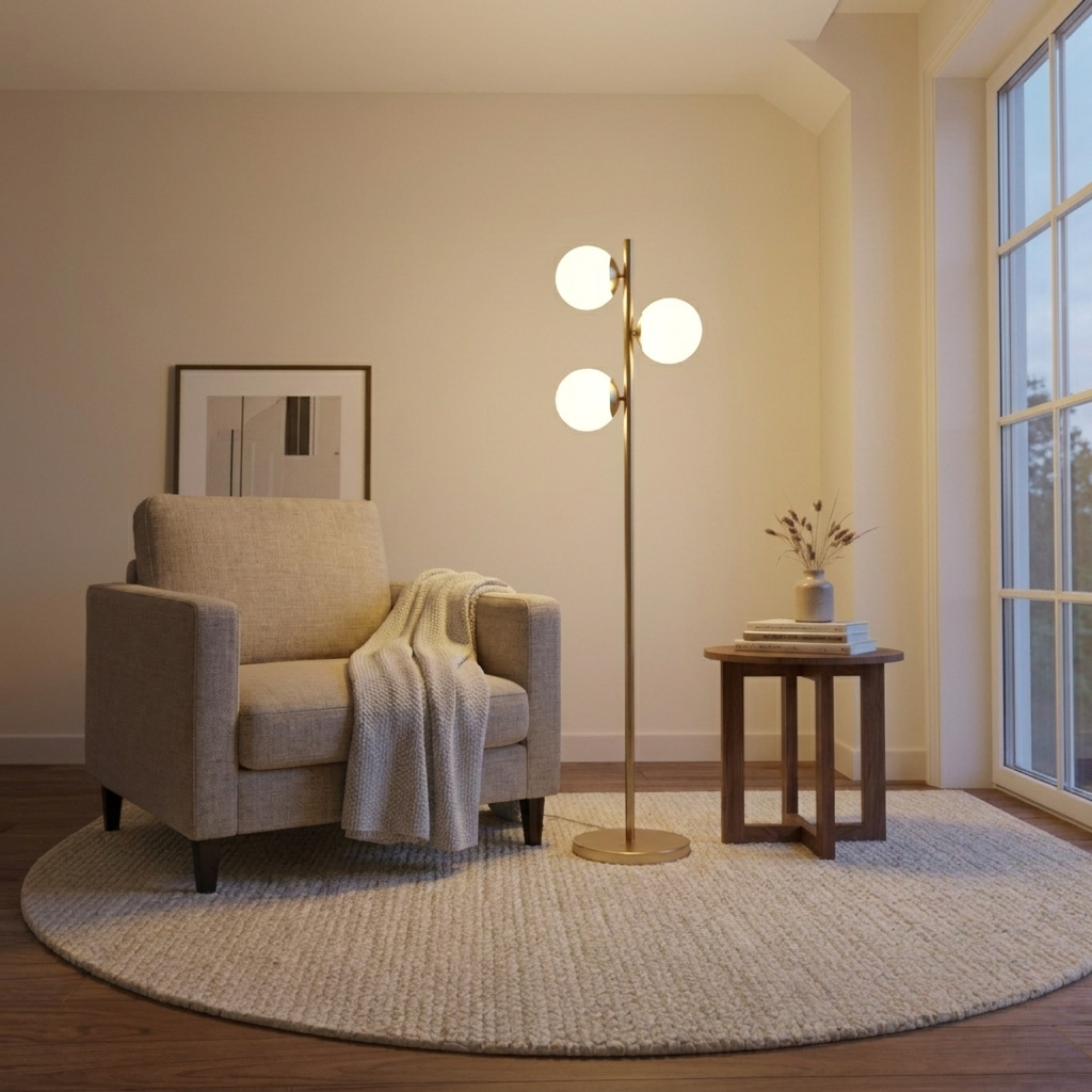 Modern Brushed Gold Floor Lamp, Opal Glass Shade, Round Metal Base styled in a room