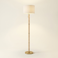 Brass Metal Tube Floor Lamp, Rattan Details, White Linen Shade, Gold Finish
