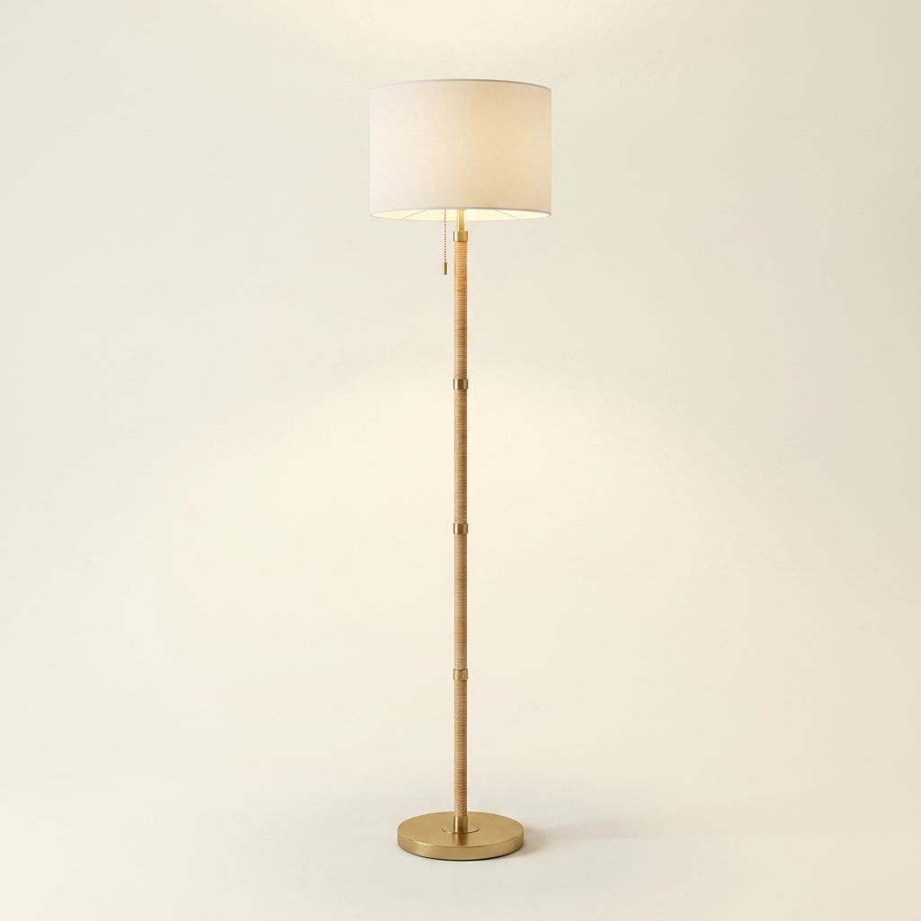 Brass Metal Tube Floor Lamp, Rattan Details, White Linen Shade, Gold Finish