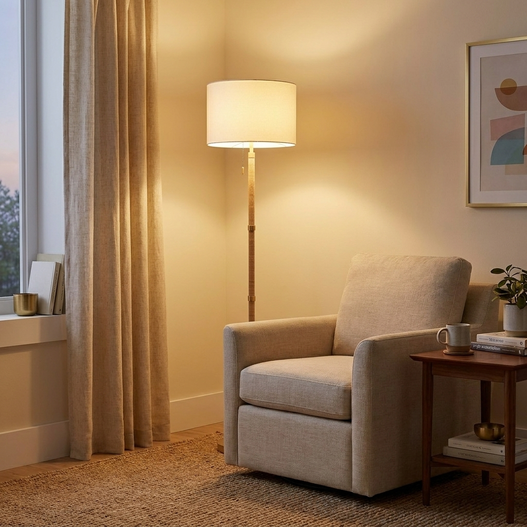 Brass Metal Tube Floor Lamp, Rattan Details, White Linen Shade, Gold Finish styled in a room