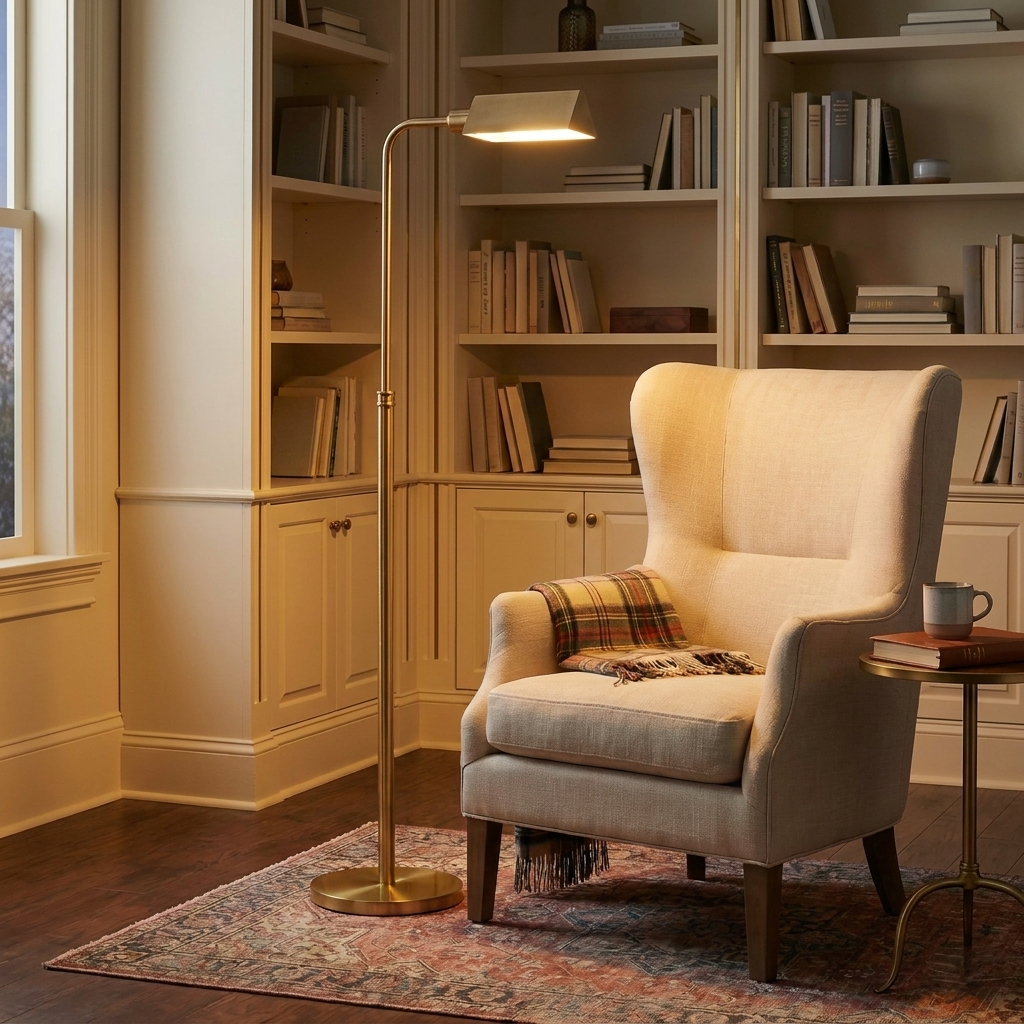 Minimalist Slim Floor Lamp, Contemporary Silhouette, Neutral Fabric Shade, Gold Finish styled in a room