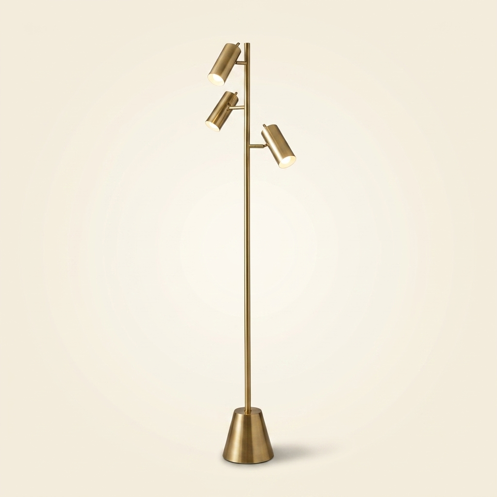 Brass Gold LED Floor Lamp, Rotary Switch, Triple Spotlights, Cone Base