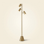 Brass Gold LED Floor Lamp, Rotary Switch, Triple Spotlights, Cone Base