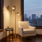 Brass Gold LED Floor Lamp, Rotary Switch, Triple Spotlights, Cone Base styled in a room