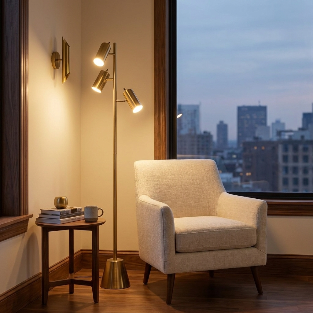 Brass Gold LED Floor Lamp, Rotary Switch, Triple Spotlights, Cone Base styled in a room