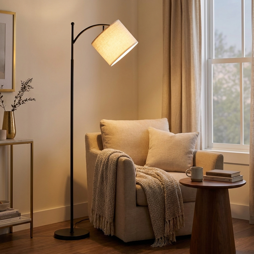 Dimmable LED Floor Lamp, Adjustable Color Temperature, Remote Control styled in a room
