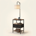 Farmhouse Metal Floor Lamp with End Table, Storage Shelf, Built-In Charging, Black Finish