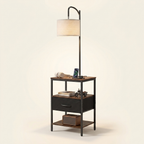 Farmhouse Metal Floor Lamp with End Table, Storage Shelf, Built-In Charging, Black Finish