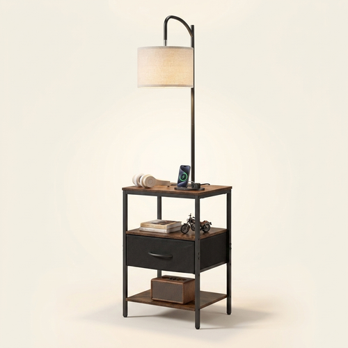 Farmhouse Metal Floor Lamp with End Table, Storage Shelf, Built-In Charging, Black Finish