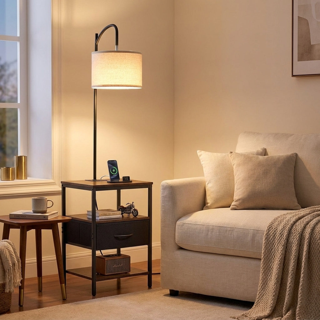 Farmhouse Metal Floor Lamp with End Table, Storage Shelf, Built-In Charging, Black Finish styled in a room