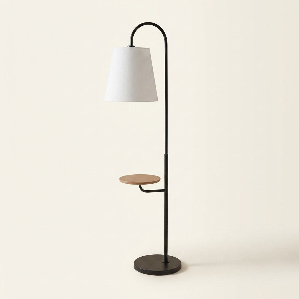 Black Wood Floor Lamp with Table, Rotary Switch, Linen Shade, Metal Base
