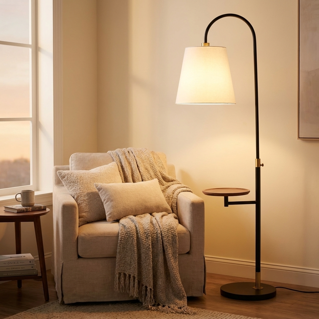Black Wood Floor Lamp with Table, Rotary Switch, Linen Shade, Metal Base styled in a room