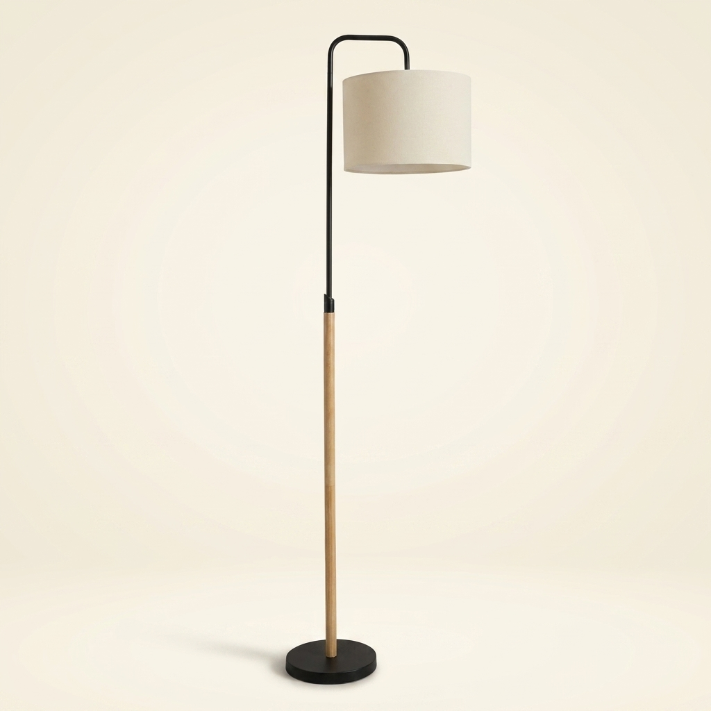 Curved Arc Floor Lamp, Cylinder Shade, Black Finish