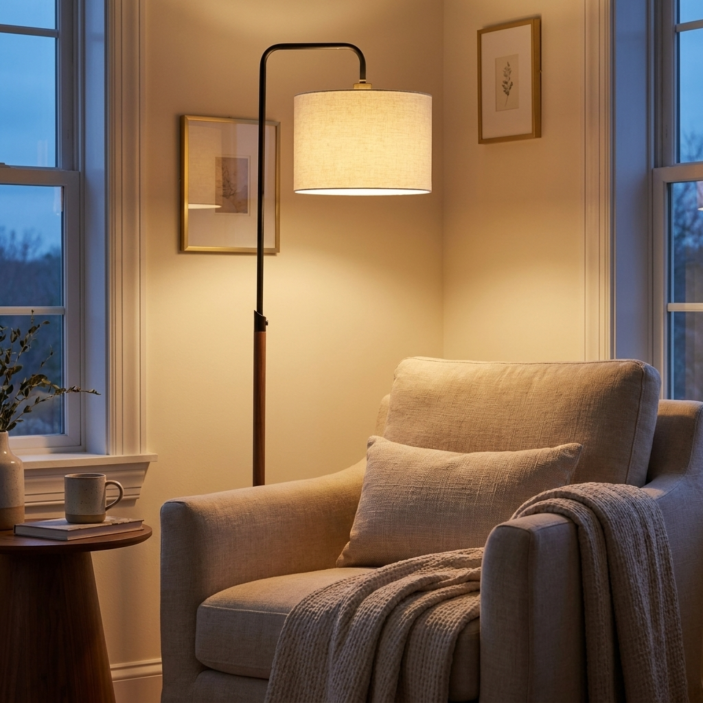 Curved Arc Floor Lamp, Cylinder Shade, Black Finish styled in a room