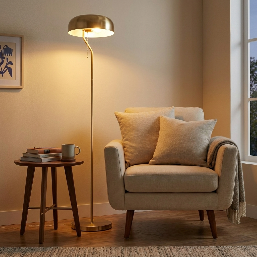Tall Corner Floor Lamp, Gold Outer & White Inner Shade, Living Room Lighting styled in a room