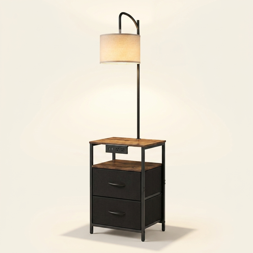 Industrial Metal Floor Lamp with End Table, Built-In Charging, Storage Shelf, Black Finish