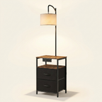 Industrial Metal Floor Lamp with End Table, Built-In Charging, Storage Shelf, Black Finish