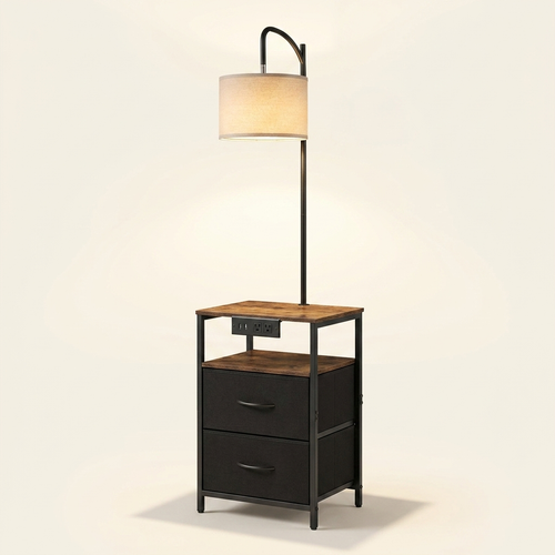 Industrial Metal Floor Lamp with End Table, Built-In Charging, Storage Shelf, Black Finish