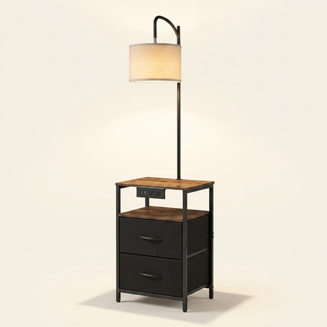 Industrial Metal Floor Lamp with End Table, Built-In Charging, Storage Shelf, Black Finish