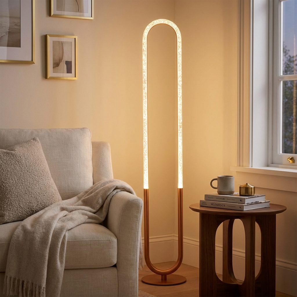 Contemporary LED Floor Lamp, Living Room Centerpiece, Bronze & Clear Finish styled in a room