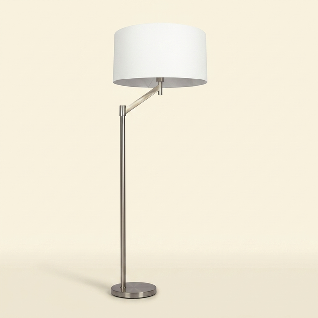 Brushed Nickel Floor Lamp, Rotary Switch, White Linen Shade, Metal Base