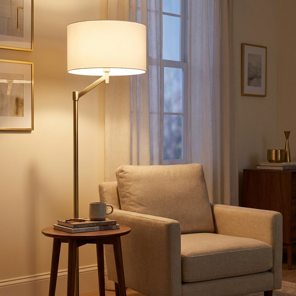 Brushed Nickel Floor Lamp, Rotary Switch, White Linen Shade, Metal Base styled in a room