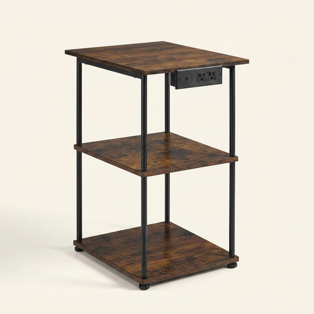 Farmhouse Industrial Floor Lamp with End Table, Storage Shelf & Charging Port, Black Finish