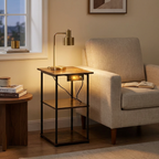 Farmhouse Industrial Floor Lamp with End Table, Storage Shelf & Charging Port, Black Finish styled in a room