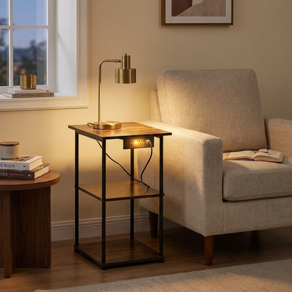 Farmhouse Industrial Floor Lamp with End Table, Storage Shelf & Charging Port, Black Finish styled in a room