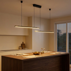 Modern LED Pendant Light, Adjustable Hanging, Black & Gold Finish, 75 in. styled in a room