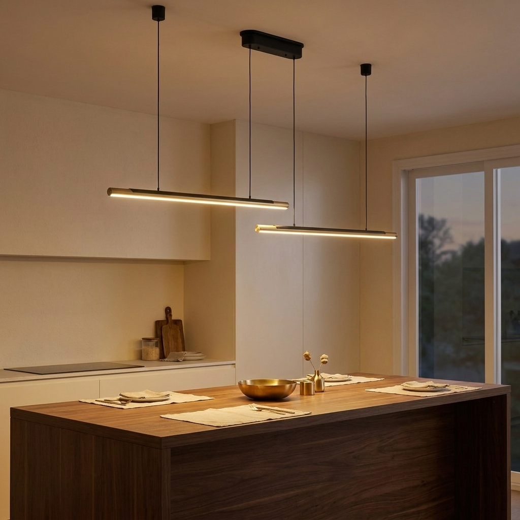 Modern LED Pendant Light, Adjustable Hanging, Black & Gold Finish, 75 in. styled in a room