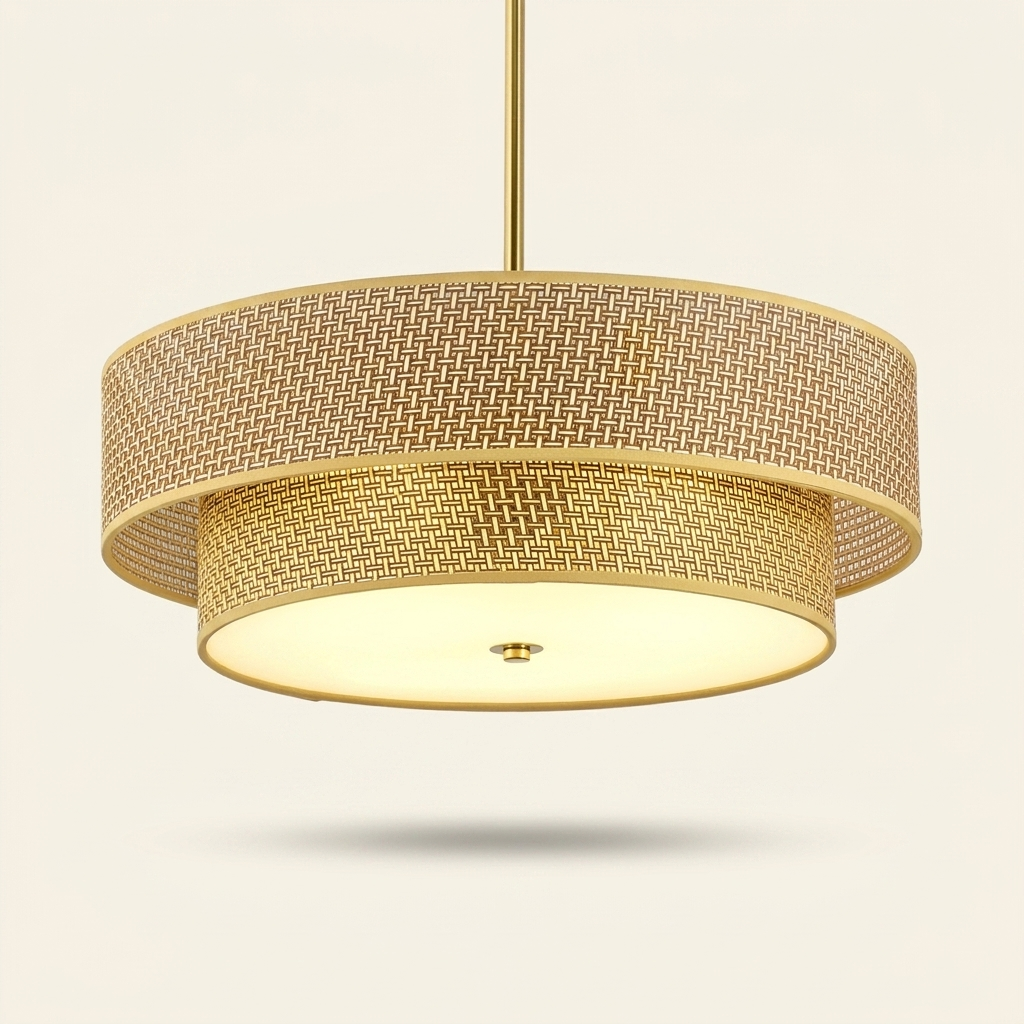 Boho Woven Rattan and Linen Drum Shade Semi-Flush Ceiling Light, 17.7 in.