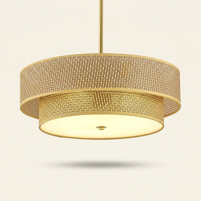 Boho Woven Rattan and Linen Drum Shade Semi-Flush Ceiling Light, 17.7 in.