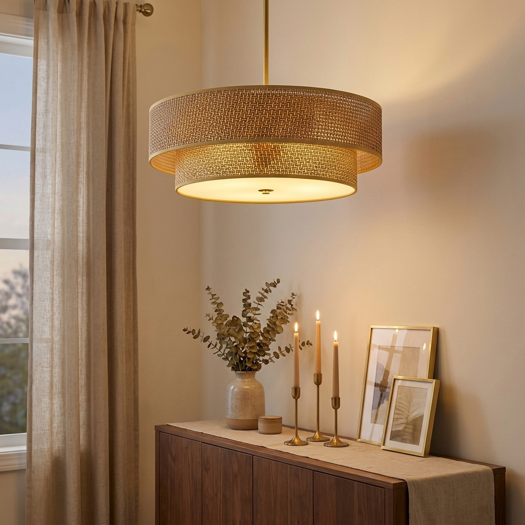 Boho Woven Rattan and Linen Drum Shade Semi-Flush Ceiling Light, 17.7 in. styled in a room
