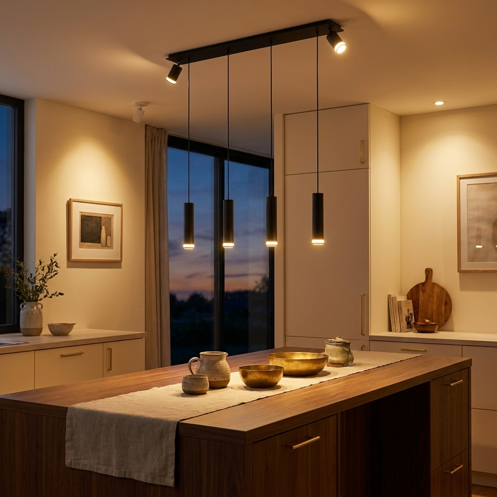 Modern Cylinder Kitchen Island Pendant Light, 6-Light, Matte Black, 39 in. styled in a room