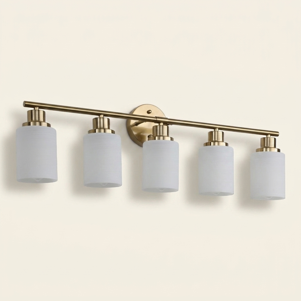 Modern 5-Light Vanity Wall Sconce, Frosted Glass Shades, Gold Finish, 31 in., for Bathroom