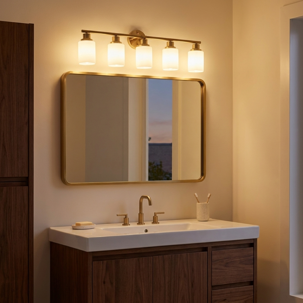 Modern 5-Light Vanity Wall Sconce, Frosted Glass Shades, Gold Finish, 31 in., for Bathroom styled in a room