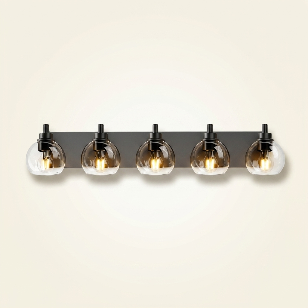 5-Light Bathroom Vanity Light, Clear Glass Globe Shades over Mirror, Matte Black, for Bathroom