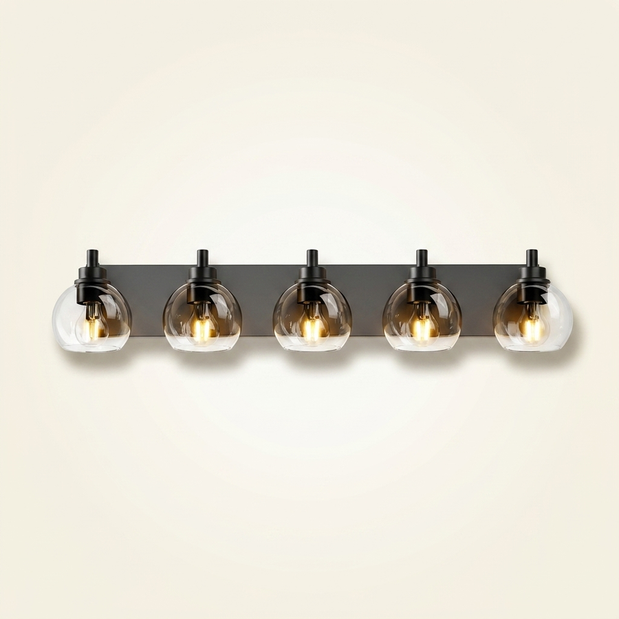 5-Light Bathroom Vanity Light, Clear Glass Globe Shades over Mirror, Matte Black, for Bathroom