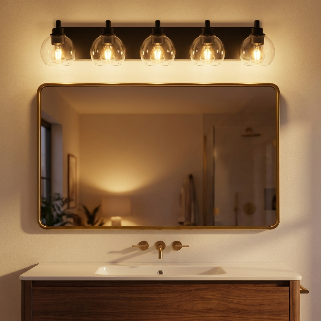 5-Light Bathroom Vanity Light, Clear Glass Globe Shades over Mirror, Matte Black, for Bathroom styled in a room